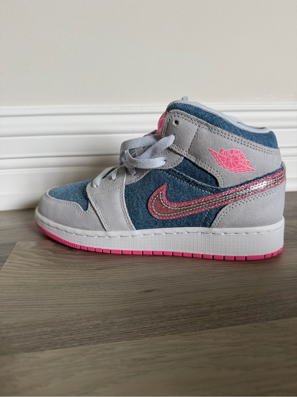 Air Jordan 1 Kids' Mid-Top Sneakers in Colbalt Bliss and Pink Glow White 5Y